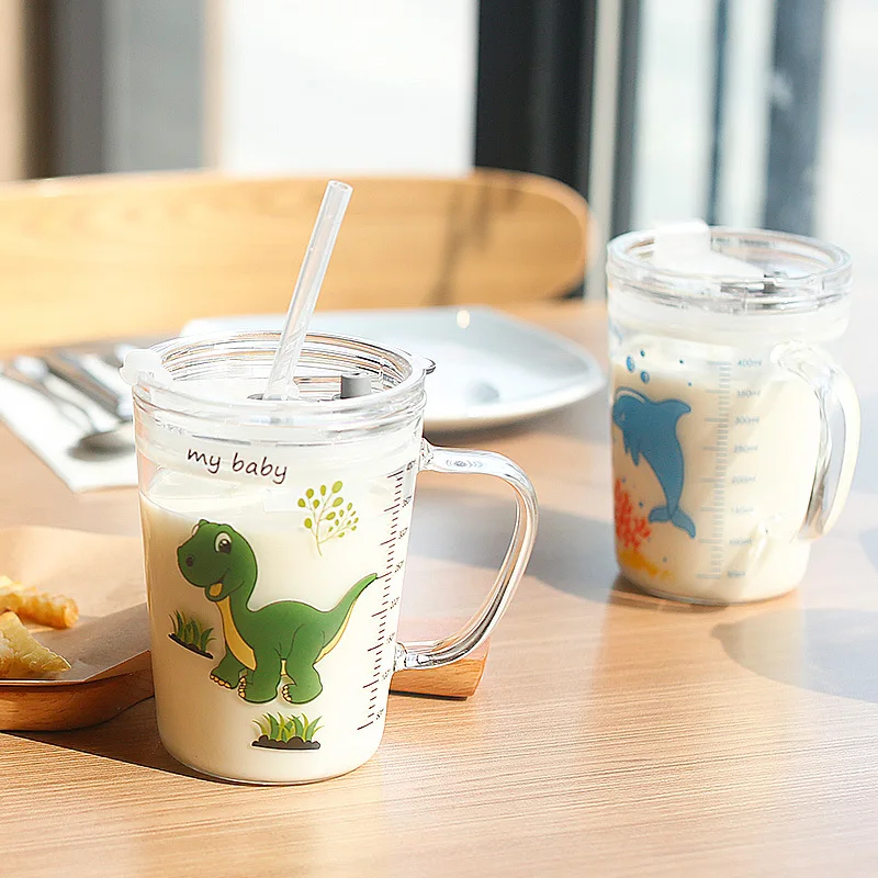 

Hot Sale 450ml Children Glass Cups Of Milk For Drinking At Home Coffee Cup Transparent Water Bottle Straw Cup For Breakfast