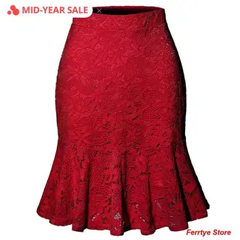 

Office Lady 2020 New Red Casual Solid High Waist Lace Skirts for Women Pleated Sexy Mermaid Skirt Ladies Elegant Skirts Bottom