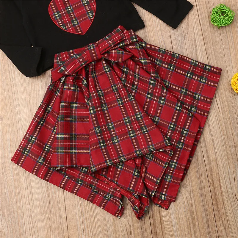 Canis Brand Kids Baby Girls Outfits Heart Pattern T-shirt Tops Irregular Plaid Skirts 2Pcs Autumn Girls Clothing 1-6T