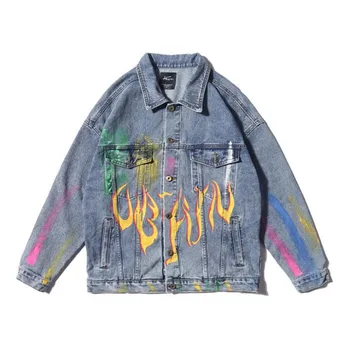 

Rainbow Graffiti Fire Flame Print Denim Jackets Streetwear 2019 Hip Hop Casual Bomber Jean Jacket Coats Fashion Tops Blue black