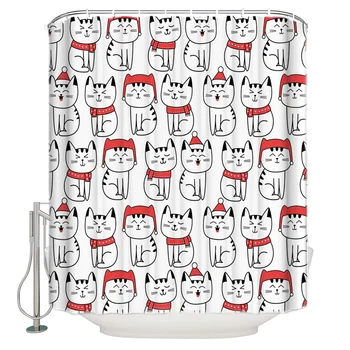 

Christmas Kitten Pattern Shower Curtain Waterproof Polyester With 12 Hooks