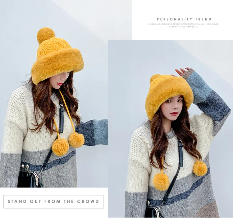 Thicken hat new style ladies fur ball plus velvet warm hood outdoor autumn and winter cold-proof fashion cute woolen wholesale mens leather bomber hat