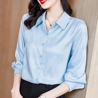 Fashion Striped Plaid Jacquard Satin Silk Shirt Women Blouse Office Ladies OL Work Shirt Long Sleeve Spring Autumn Tops Clothes 4