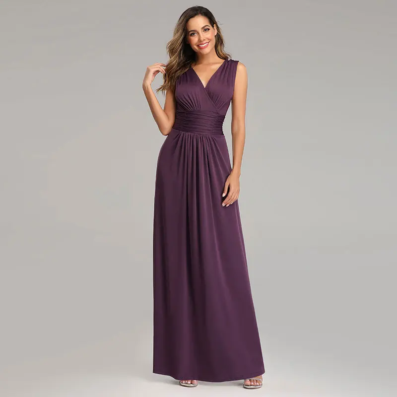 Beauty Emily Flexible V Neck Chiffon Evening Dresses Long Sleeveless Plus Size Open Back Pleated Formal Prom Gowns for Party