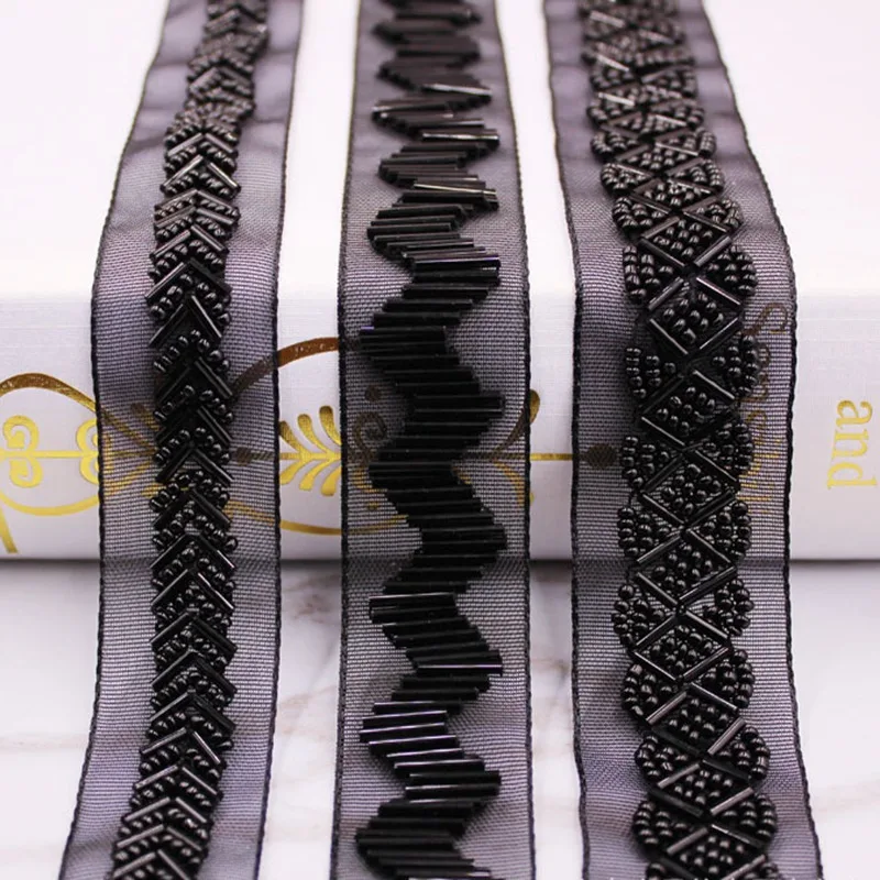 1Yards/Lot Black Beaded Lace Ribbon Lace Fabric beaded fringe Lace Trim Embroidered Collar Decoration African Lace Fabric Sewing