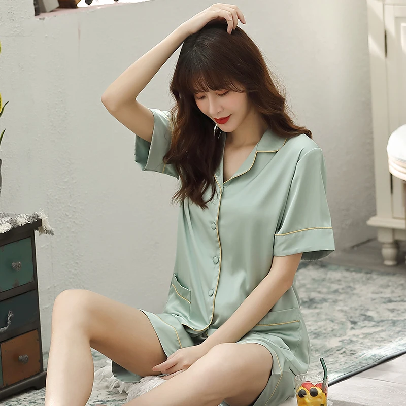 Summer Silk Satin Pajamas Women Pyjamas Short Sleeve+Short Pants Sleepwear Ice-Silk Nightwear Satin Pijamas  Home Clothes