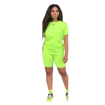 

Two-piece Solid Color Women's Clothes Sets Short-sleeved O-Neck T-shirt and Tight-fitting Shorts Simple Summer Tracksuit Outfit