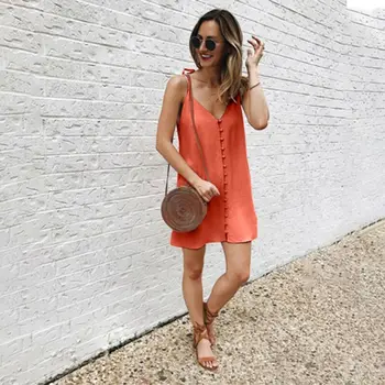 

Meihuida Fashion High Quality 2020 Women Sexy Strappy Button Dress Ladies Summer Beach Casual Mini Sundress