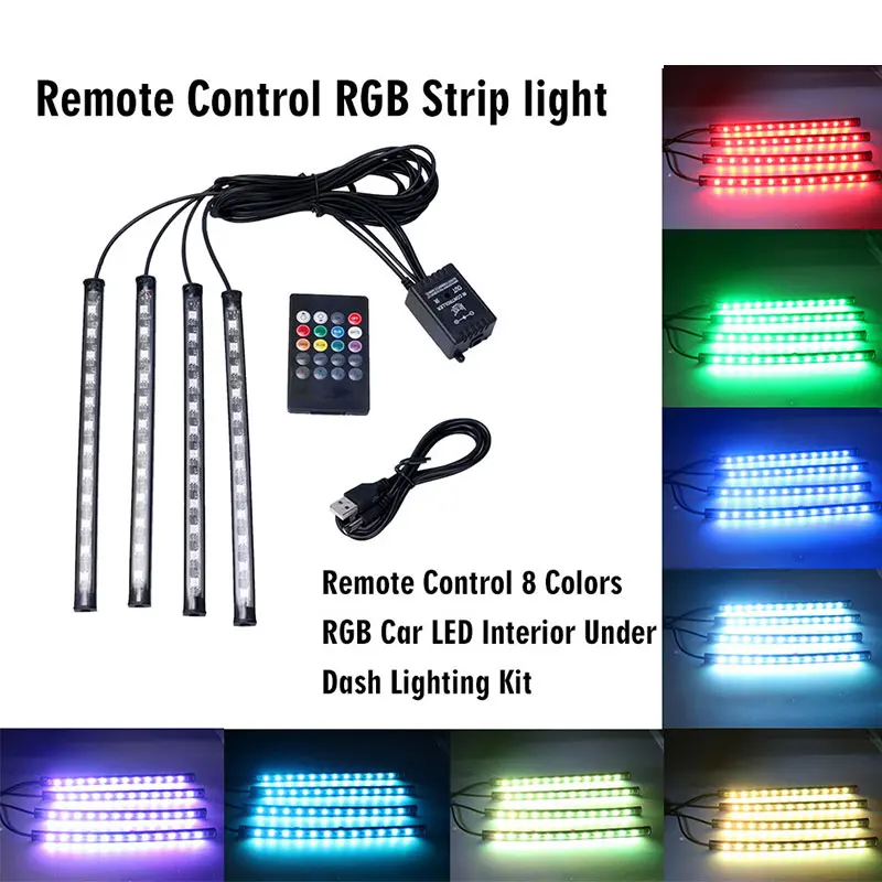 HLXG 4 шт. светодиодные полосы света автомобиля RGB Светодиодные полосы света 12 В декоративная Атмосфера лампы для стайлинга автомобилей салона света с пультом дистанционного управления
