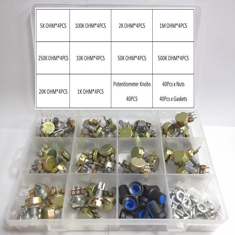 160 шт./корт. WH148 15 мм одинарный потенциометр Kit B1K/5K/10K/20K/50K/100K/500K/1M с гаечными ключами