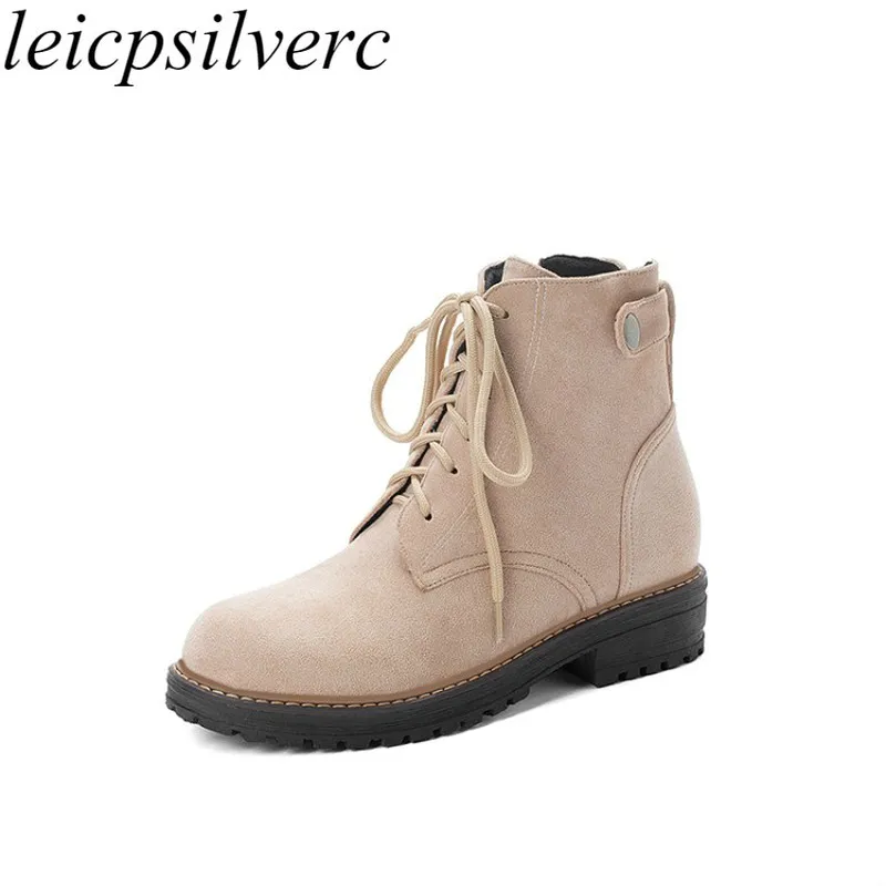 

Women Boots Autumn Winter Ankle Boots Zip Med-heeled Flock Lace Up Martin Round Toe Plush 2019 New Sexy Fashion Brown Black