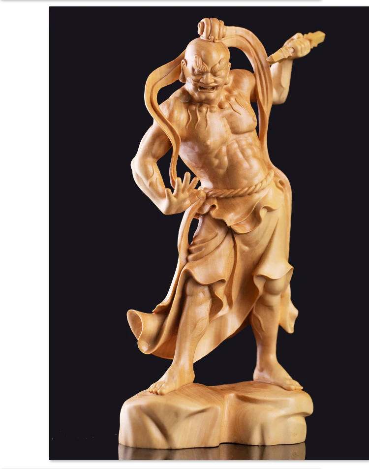 2PCS 20cm Door God Wood Buddha Statue Chinese Heng Ha Two God Boxwood Feng Shui Wood Sculpture Home Decor