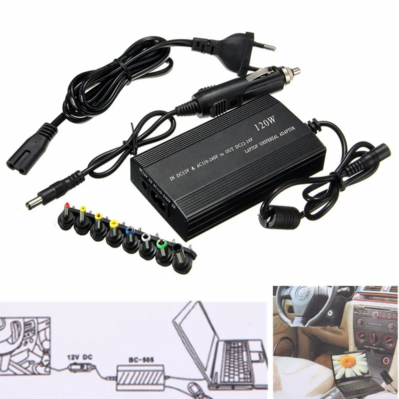 

120W Universal 8xTip Connectors AC/DC To DC Inverter Car Charger Power Supply With Car Charger Adapter Cord For Laptop EU Plug