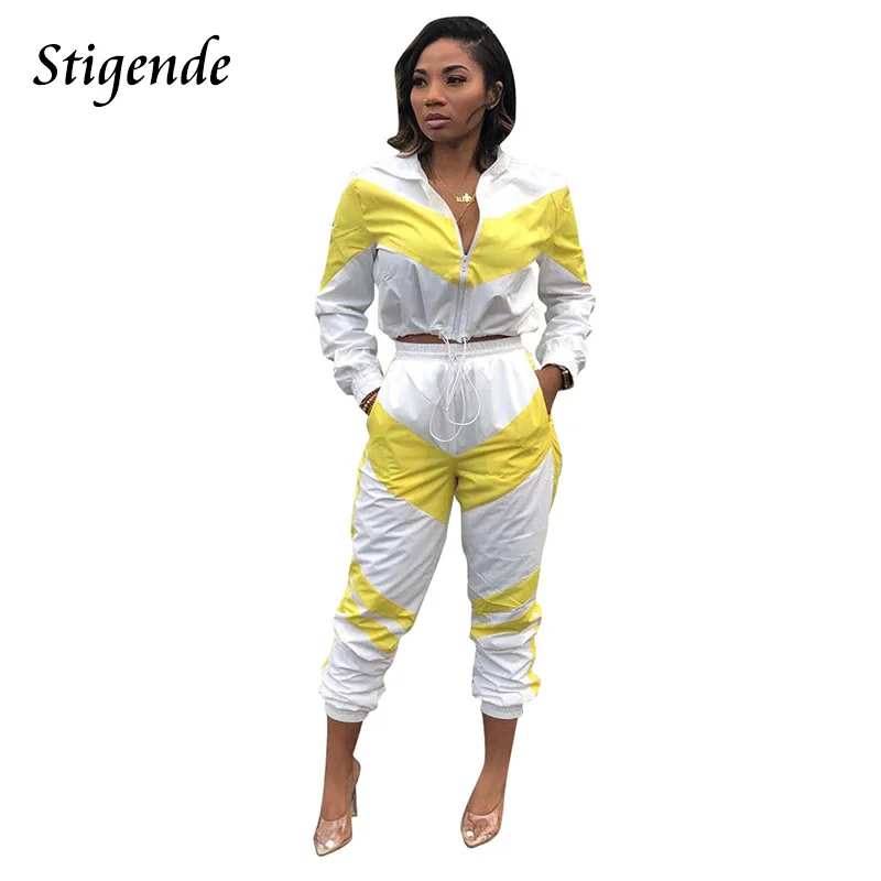 

Stigende Women Patchwork Drawstring 2pcs Tracksuit Bodycon Two Piece Fitness Fashion 2 Piece Long Sleeve Crop Top and Pant Set