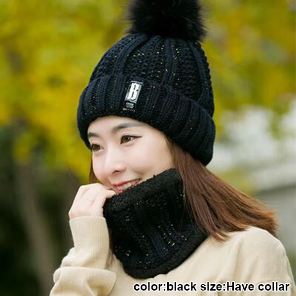 black With Scarf Женская зимняя вязаная утолщенная шапочка с шарфом теплая меховая мешковатая зимняя шапка JS25 - Цвет: black With Scarf