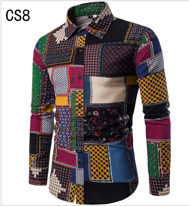 Kezrea Men's Spring and Autumn New Casual Pocket Shirt Slim Long Sleeve Linen Print Top Shirt