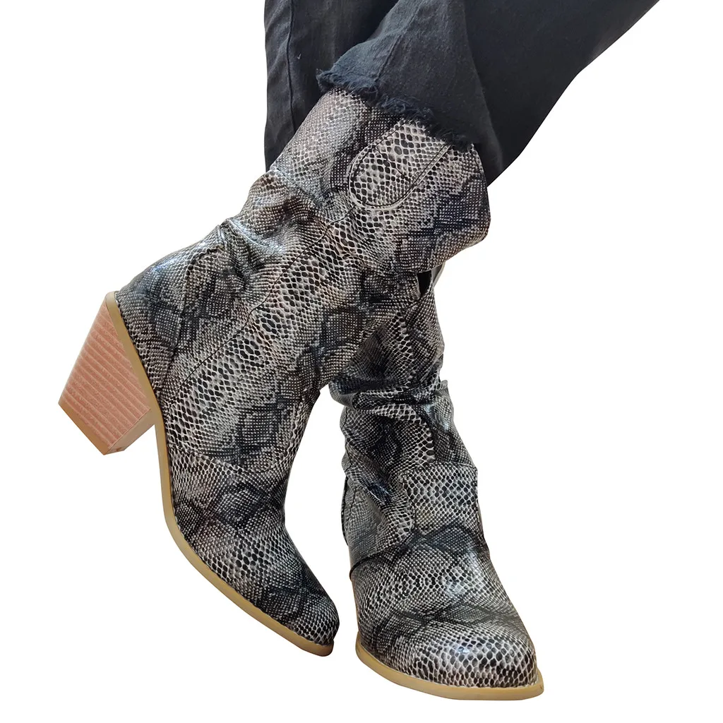 New Spring Winter Fashion Snake Grain Round Toe Slip-On Boots Square Heels Vintage Women Boots mid-calf boots shoes#O22