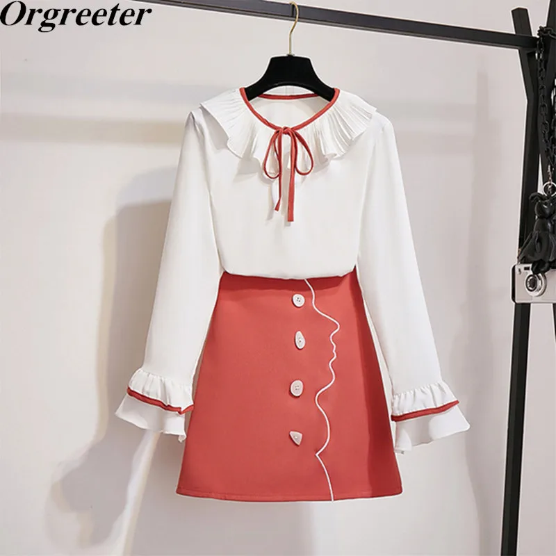 

Fashion Abstract character avatar embroidery single-breasted A-line Skirt and Chiffon Shirt Blouse Two Piece Set Women Clothing