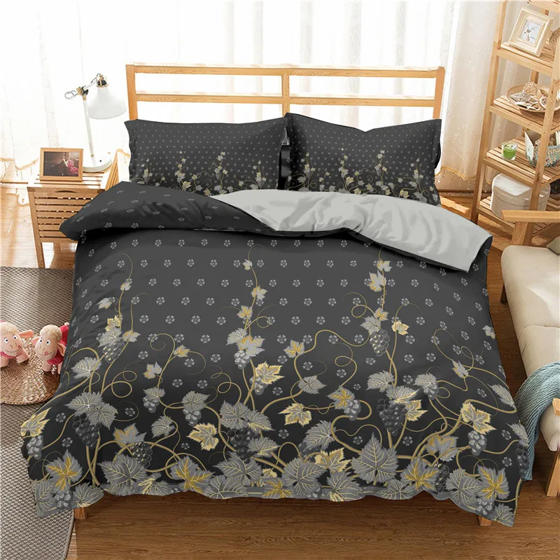 ZEIMON Luxury 2/3pc Flowers Pattern Bedding Set Black Home Textiles For Bedroom Soft Duvet Cover Pillowcase Bedclothes