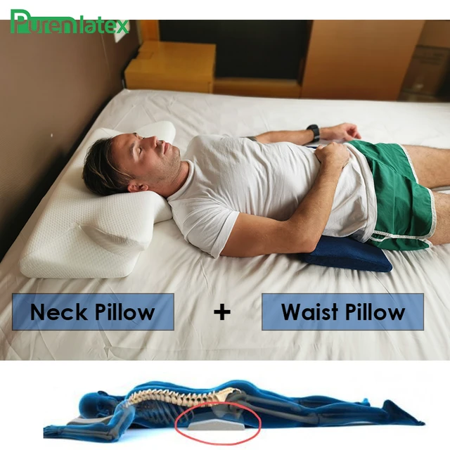 Purenlatex 14cm 2 Pcs Contour Orthopedic Memory Foam Cervical Pillow and  Waist Pillow Set for Side Back Sleepers Spine Protect