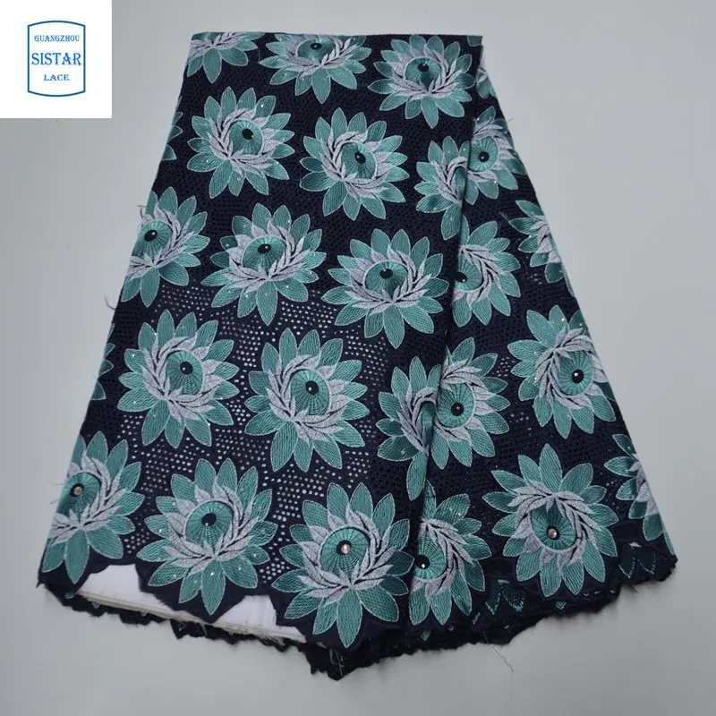 100% хлопок небесно-голубой швейцарский вуаль кружево в Швейцарии с камнями