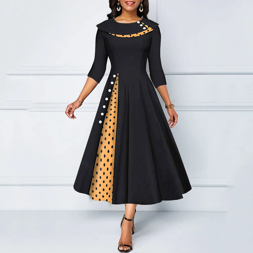 

Elegant Polka Dots Women A-line Dress Color Block Round Neck 3/4 Sleeves Vintage Party Dress African Pullover OL Office Dresses
