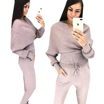 

MVGIRLRU Autumn solid color V-neck Bat Sleeve knitted pullover sweater and pants two piece set