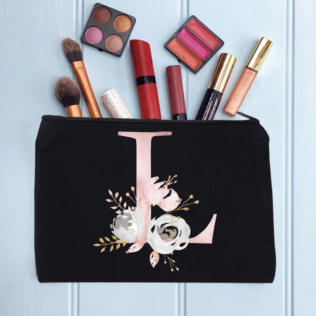 Women's Cosmetic Makeup Bags Female Organizer Pink Flower 26 Letters School Pencil Cases Carrying Bag for Coin Purse pink flower L