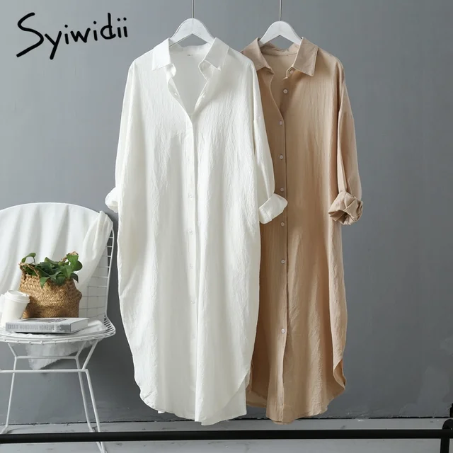 Syiwidii Woman Long Shirt Dress Cotton Korean Clothing White Boho Beach Big Maxi Blue Summer 2021 Autumn Oversized Pure Dresses 4