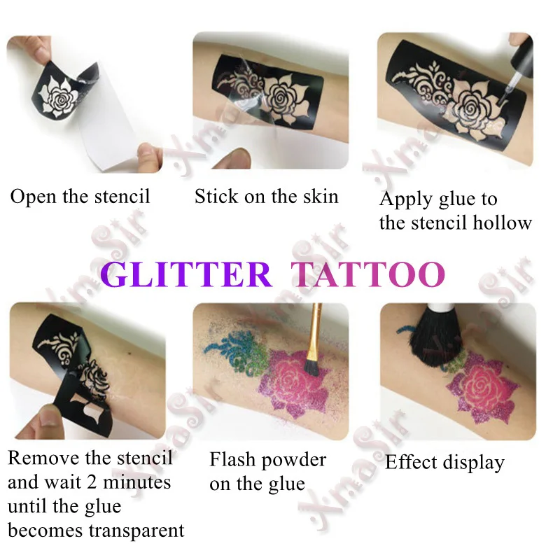 Xmasir 36 Sheets Airbrush Tattoo Stencil for Henna Body Art Painting,Temporary Glitter Tattoo Templates Kit for Kids Adults