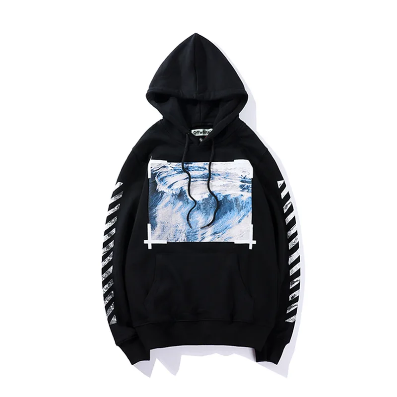 19SS OFF-WHITE OW Мужская Волна черная белая полоса Зебра линия Осень Зима Пара моделей Свободная куртка с капюшоном толстовки Толстовка