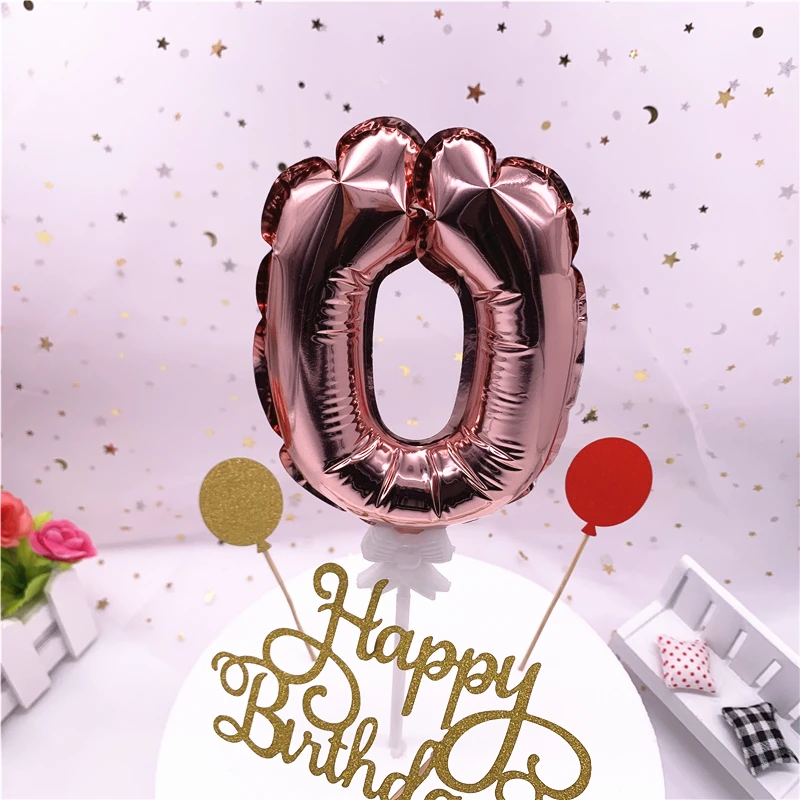 Мини Самонадувающийся розовое золото Воздушные шары из фольги в виде цифр Торт Топперы с лук-палка Свадебный декор день рождения торт поставки - Цвет: Rose Gold 0