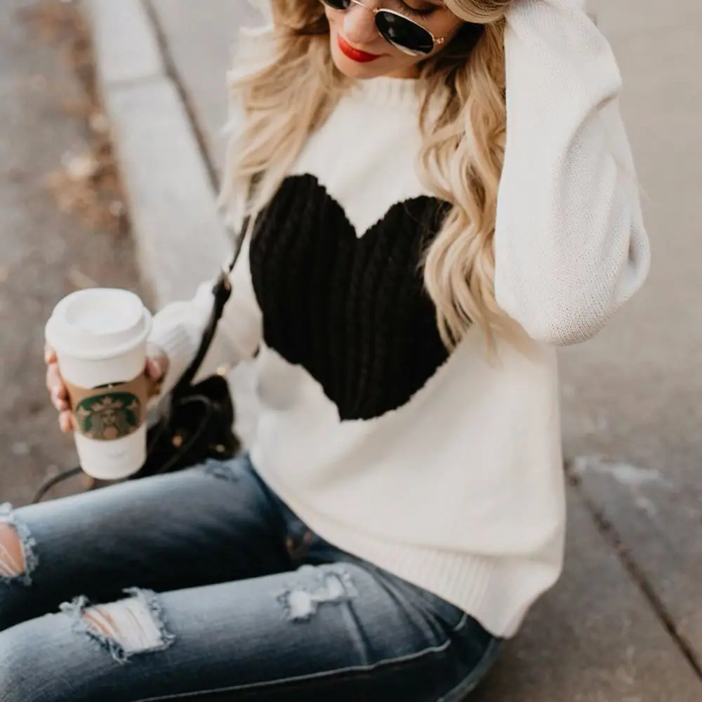 Casual Autumn Winter Pullover Long Sleeve O Neck Heart Knitted Women Sweaters Slim Pull Femme Jumpers 3XL Size Loose Sweater