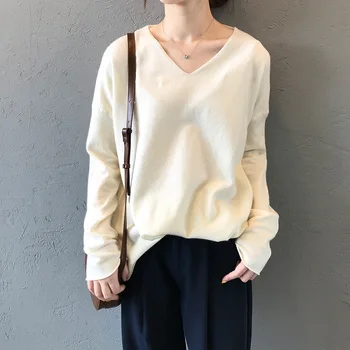 

Women Sweater Knitted Pullovers Jumpers 2019 Autumn Fall Long Sleeved Drop Shoulder Loose Knitwear Bottoming Soft Knitted Tops