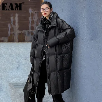 

[EAM] Black Long Hooded Cotton-padded Coat Long Sleeve Loose Fit Women Parkas Fashion Tide New Autumn Winter 2020 1DD1132
