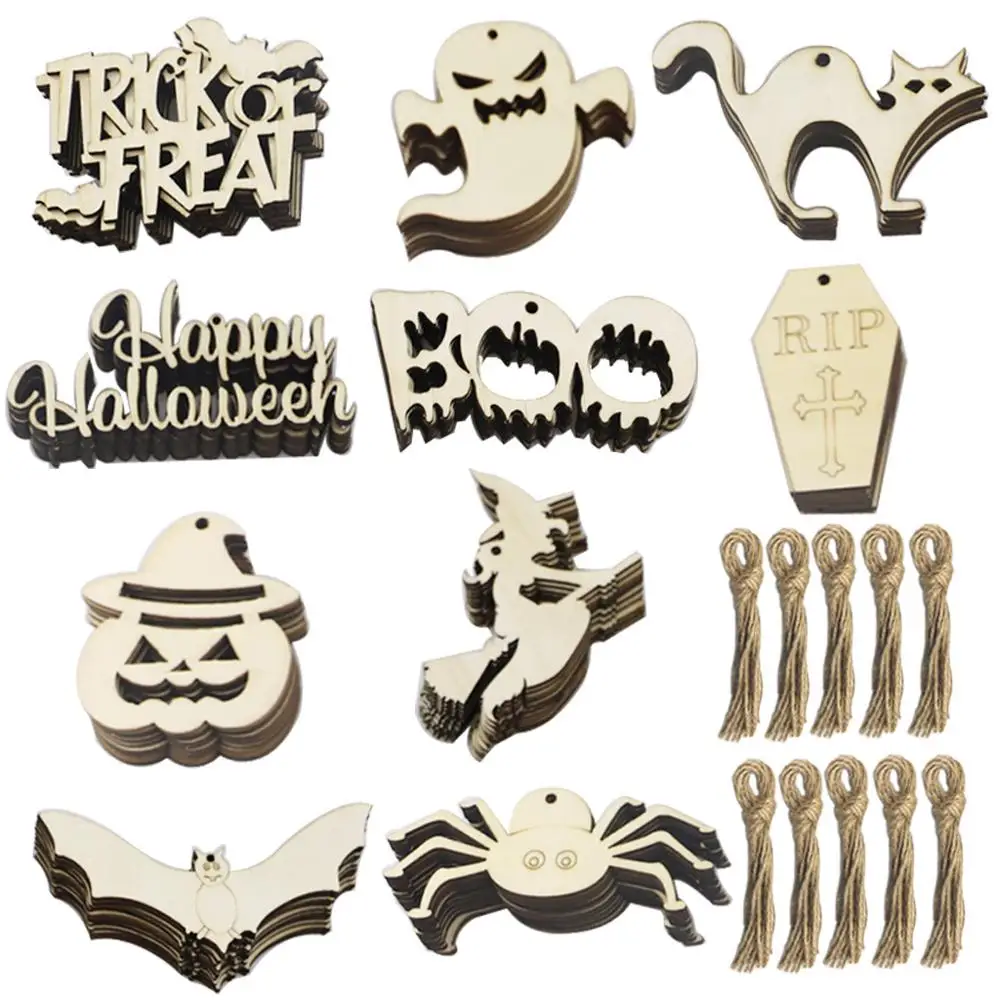 DIY Wood Halloween Hang Decorations Props Cat Ghost Pumpkin Witch Bat Spider Style For Home 10pcs/lot | Дом и сад