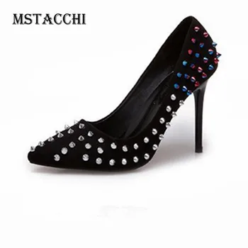

MStacchi New Fashion Shallow Women High Heels Pointed Toe Colour Mixture Rivet Famale Stiletto Sandals Slip-On Sexy Ladies Shoes