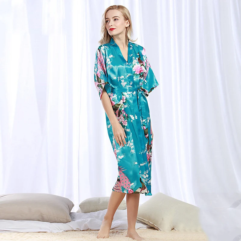 Kimono Japanese Style Women Yukata Peacock Cardigan Floral Print Costume Satin Pajamas Dress Asian Clothes Night Gown Bath Robe - Цвет: Color 8