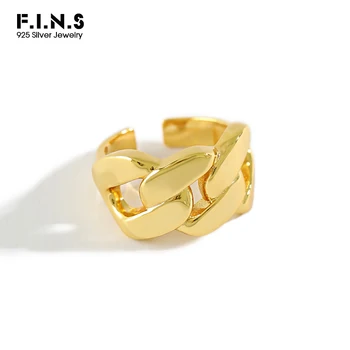 

F.I.N.S Korean S925 Sterling Silver Ring INS Thick Chain Opening Cuff Ring Wide Finger Rings for Women Korean Fashion Jewelry