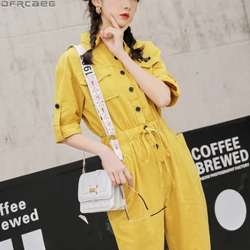 

Casual Street Wear Bodycon Jumpsuit For Women Fashion High Waist Tunic Summer Overalls Short Sleeve Pockets Cargo Ladies Rompers