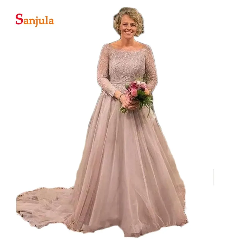 Zachte Tulle Moeder van de Bruid Jurken 2019 Scoop Hals Lange Mouw Top Kant Wedding Party Gown madre de la novia D1150 Zachte Tulle Moeder van de Bruid Jurken 2019 Scoop Hals Lange Mouw Top Kant Wedding Party Gown madre de la novia D1150