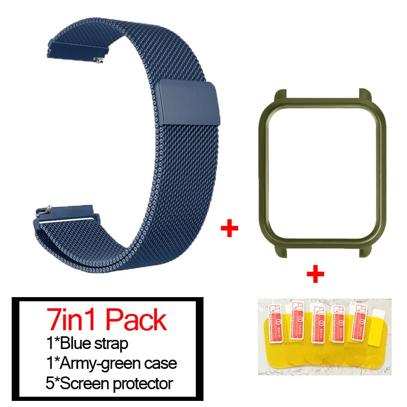 blue-army green 7в1 Браслет Для Xiaomi Huami Amazfit ремешок bip Миланская нержавеющая сталь умные часы полосы Amazfit bip защитный чехол для экрана - Цвет: blue-army green