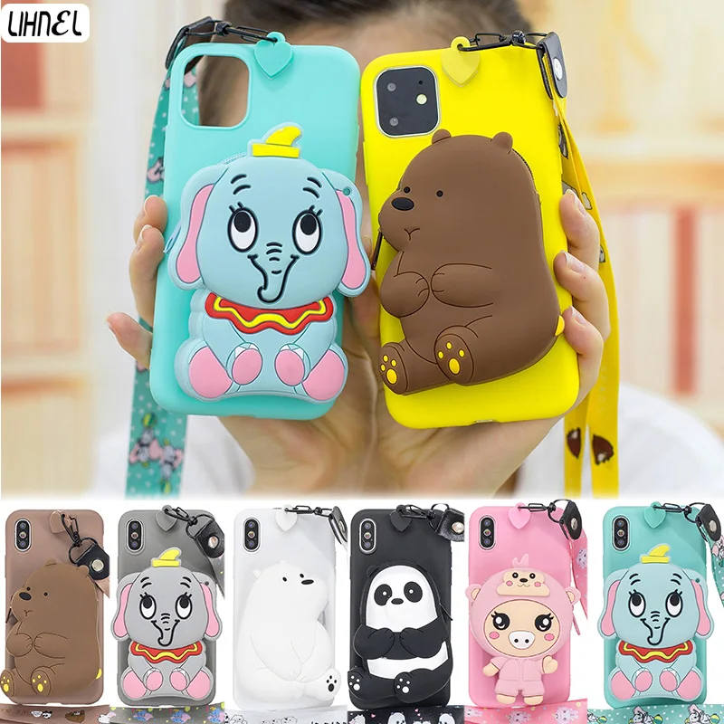

Cute Bear Panda Dumbo Neck Strap Case for iPhone 11 Pro Max 6 7 8Plus X XS Max XR Etui Coque Fundas Earphone Change Purse Bags