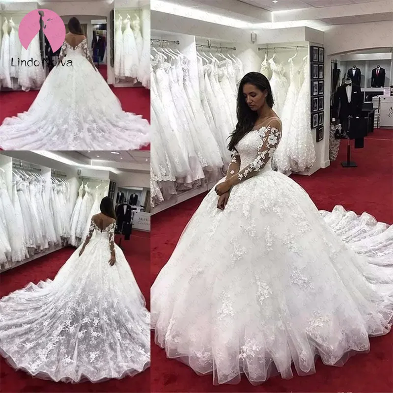 Vestidos De Noiva роскошное бальное платье Свадебные платья с длинными рукавами Кружева Аппликации открытая спина платье невесты Robe De Mariee