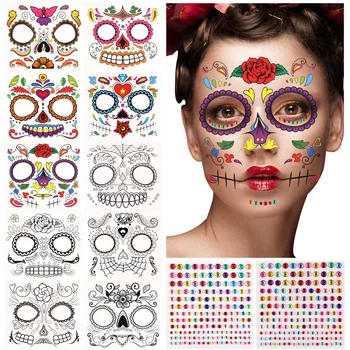 

12 Sheets Face Tattoos and Gems Long Lasting Charming Face Decals Temporary Tattoos for Men