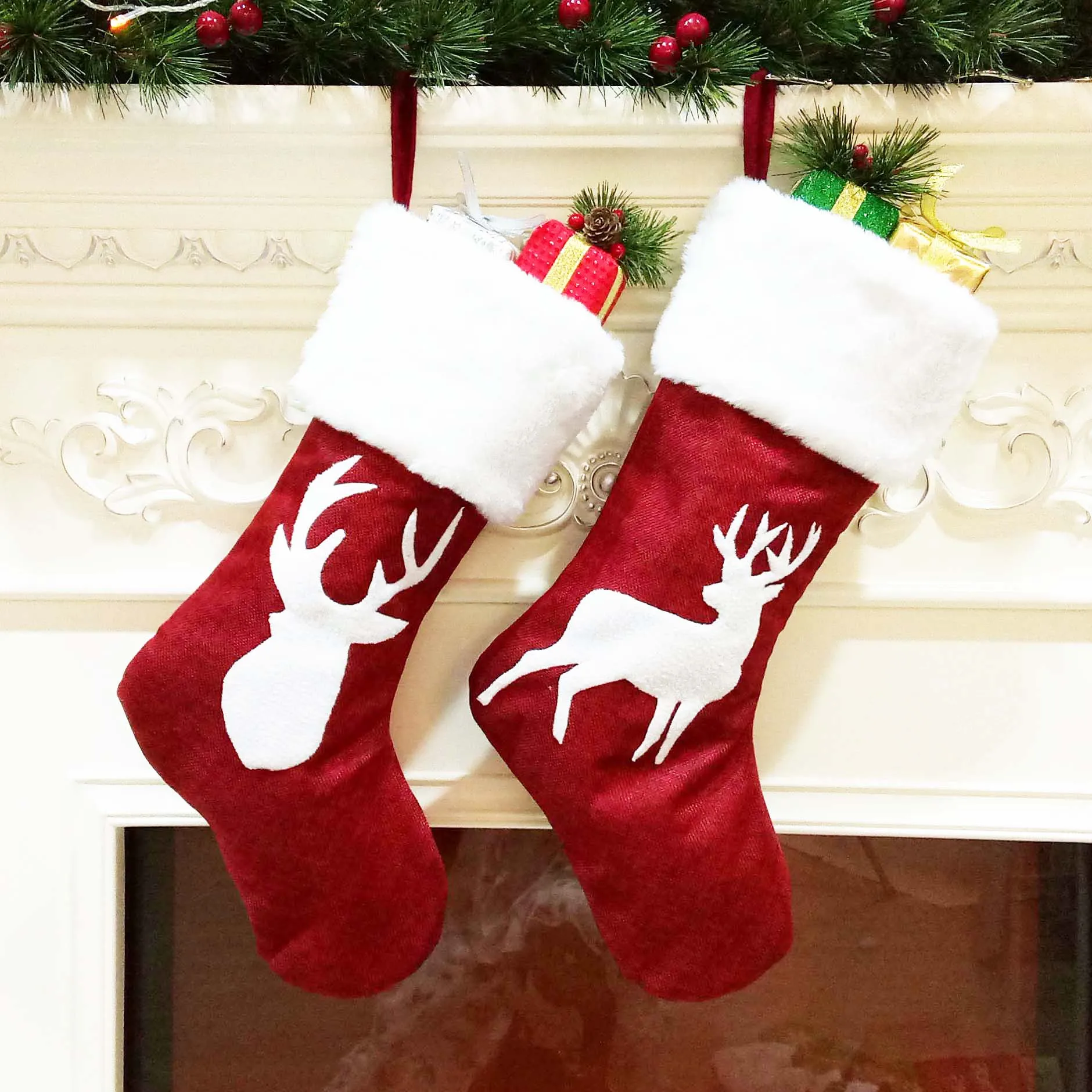 Christmas Stockings- 2Pcs 18 inches Reindeer Patterns with Plush Cuff Stockings for Family Holiday Xmas Party Decoration