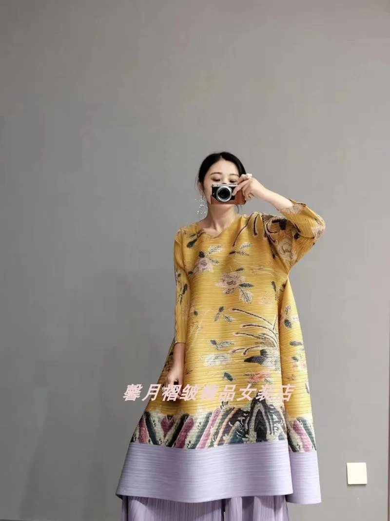 Горячая Miyake fold три четверти печати длинное платье+ Твердые широкие брюки костюм