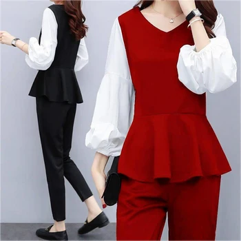 

Fashion Bubble Sleeve Suit 2020 Spring Autumn New Large Size Women's Fashion V-neck Temperament Was Thin Two-piece Set