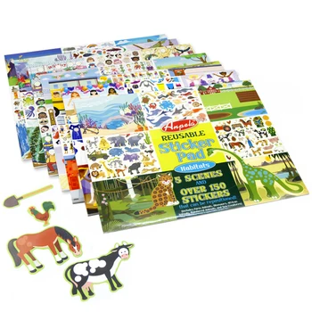 

Over 150pcs Children Reusable Sticker Pad include 5 Scenes Animals Vehicles Princess Castle Dress-up 35*27cm Stickers Book Gift