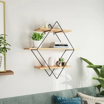 

New Vintage Iron Metal Wood Three-tier Wall Storage Shelf Rack Rhombus Iron Craft Wall Book Hanging Rack Room DIY Wall Decor Hol